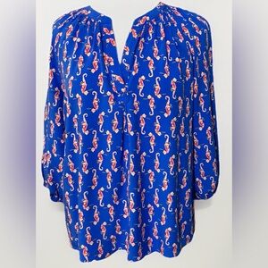 Crown & Ivy Size PL Petite Large Deep Sky-Ocean Blue Pink Seahorses. 3/4 Sleeve